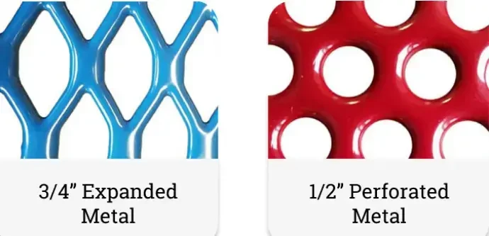 Close-up comparison of expanded and perforated thermoplastic-coated metal used for commercial picnic tables.